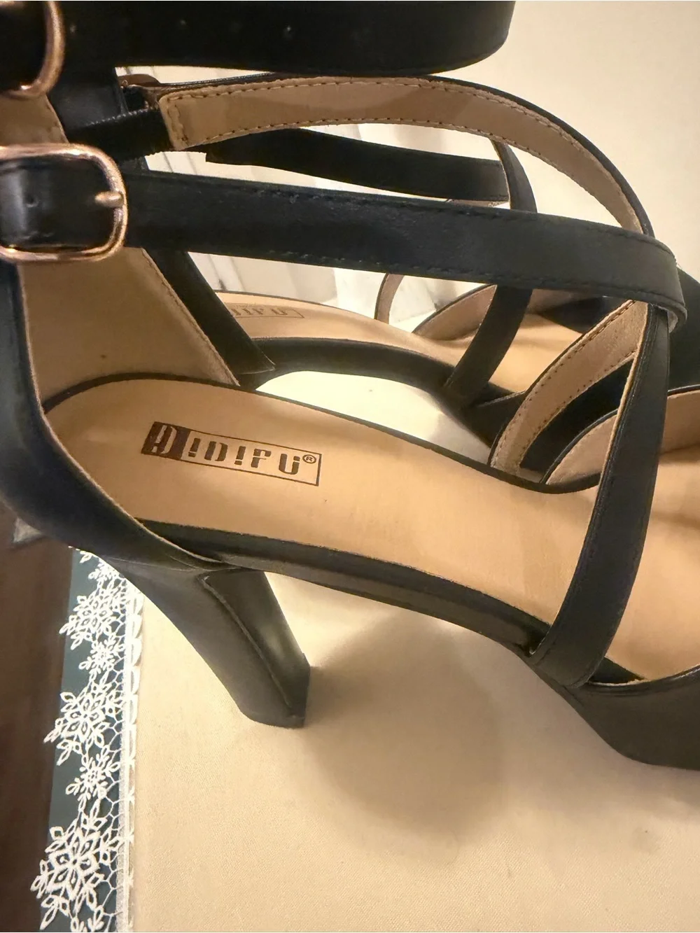 IDIFU Black Platform Strappy Block Heels with Gold Buckles
